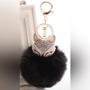 Pearl & Rhinestone Fox Head with Black Pom Pom,  Purse Charm / Keychain.
